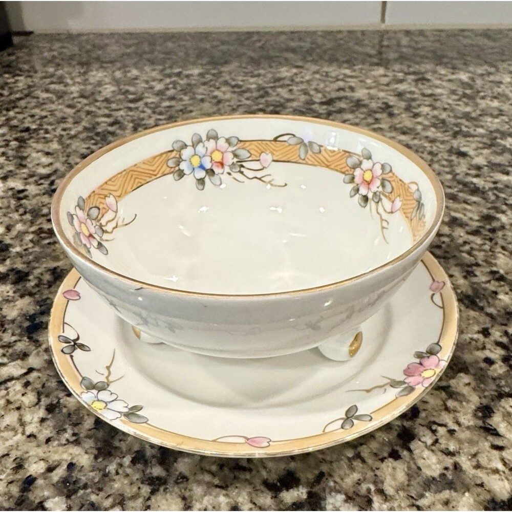 Nippon 3 Piece Mayo Set Hand Painted Bowl Saucer Ladle